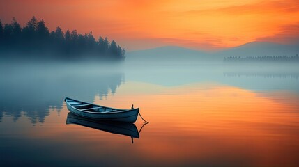  a small boat floating on top of a lake under a red and orange sky with a forest in the background.