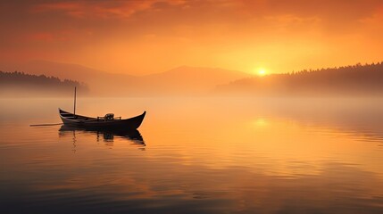  a boat floating on top of a lake next to a forest on a foggy day with the sun in the distance.