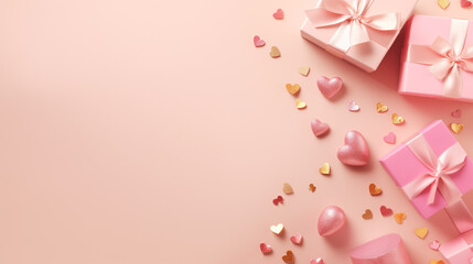 Top view of composition with Valentine's day decorations and copy space on pastel pink background. Holiday 14 February romantic banner.