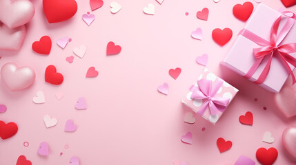Top view of composition with Valentine's day decorations and copy space on pastel pink background. Holiday 14 February romantic banner.
