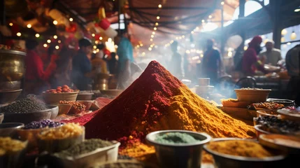 Fototapete Rund spice bazaar, vibrant colors of powdered spices piled high, shoppers blurred in background © Marco Attano