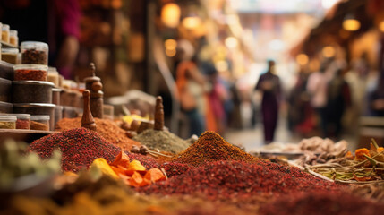 spice bazaar, vibrant colors of powdered spices piled high, shoppers blurred in background - obrazy, fototapety, plakaty