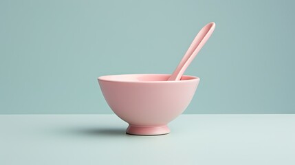  a pink bowl with two spoons in it on a light blue surface with a light green wall in the background.