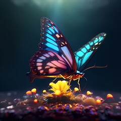 Butterfly neon silhouette in line art style. 3D vector illustration of glowing papillon contour top view isolated on a dark background