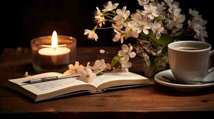  a cup of coffee and an open book on a table next to a candle and a vase with white flowers.