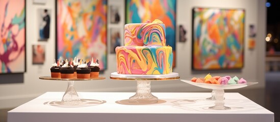 The party was filled with a background of colorful drawings with a design focused on a white chocolate cake that was beautifully decorated representing a bakerys delicious dessert The atten