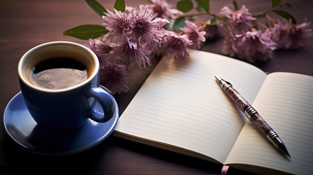  a cup of coffee next to a notebook with a pen on top of it next to a bouquet of flowers.