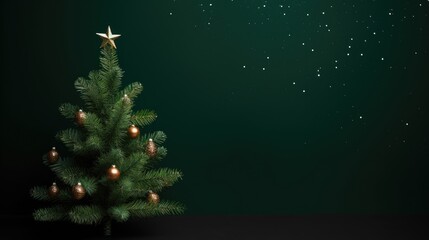  a christmas tree with a star on top of it in front of a dark green wall with stars on it.