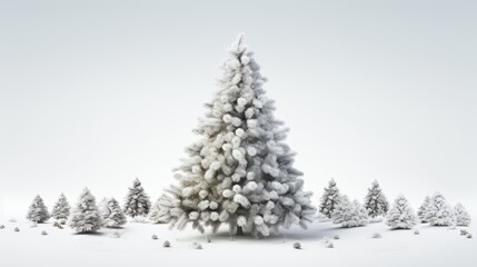  a snow covered pine tree in the middle of a snow covered field with snow on the ground and trees in the background.