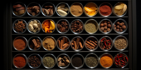 open spice drawer, showcasing an array of organized spices in small tins