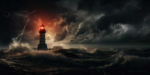 Fototapeta na wymiar black iron lighthouse, silhouetted against a stormy sky, lightning striking the sea behind it