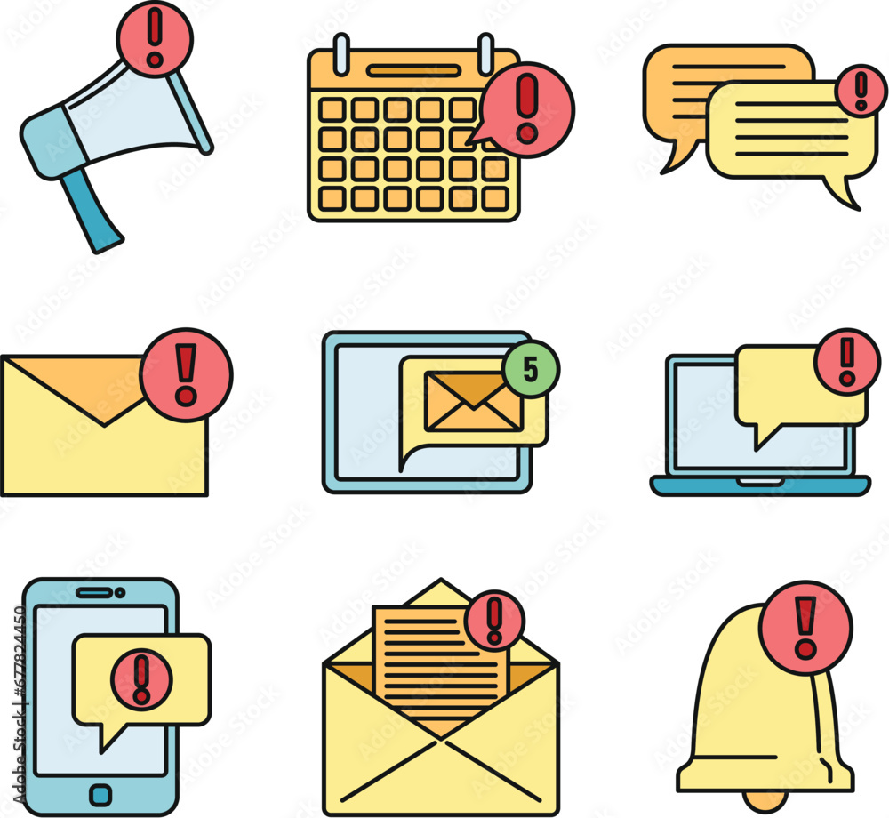 Poster device notification icons set. outline set of device notification vector icons thin line color flat 