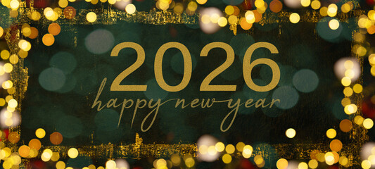 HAPPY NEW YEAR 2026 - Festive silvester sylvester New Year's Eve Party background illustration greeting card with text - Golden frame made of bokeh lights on dark green festive texture - obrazy, fototapety, plakaty