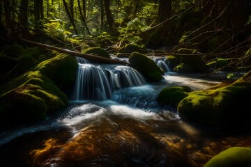 The intimate details of a bubbling brook, where sunlight filters through the forest canopy to touch the water