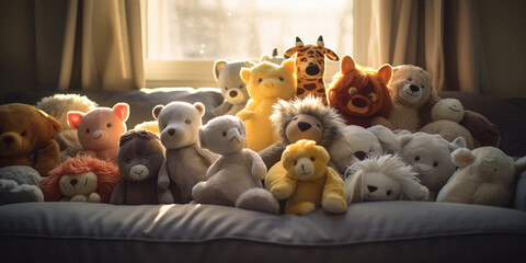 pile of assorted plush animals on a child's bed, backlit by a window creating a silhouette - obrazy, fototapety, plakaty