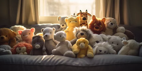 Fotobehang pile of assorted plush animals on a child's bed, backlit by a window creating a silhouette © Marco Attano