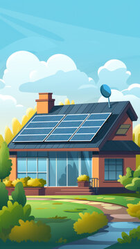 Solar panels on the roof of the house, eco energy, green technologies, sustainable resources, illustration