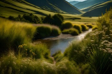 The meandering path of a river through a sunlit valley, flanked by wildflowers and tall grasses