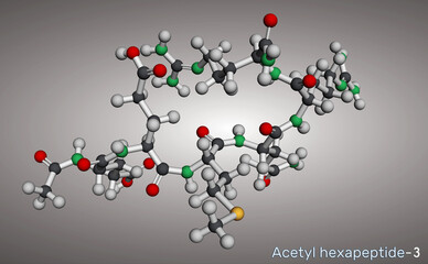 Acetyl hexapeptide-3, acetyl hexapeptide-8, argireline molecule. Peptide, fragment of SNAP-25, a substrate of botulinum toxin. Molecular model. 3D rendering