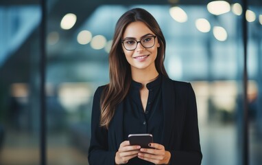 Happy businesswoman wearing glasses is standing in office using mobile cell phone