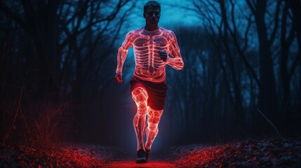 person jogging, leg skeleton revealed through x-ray, copy space, 16:9 - obrazy, fototapety, plakaty