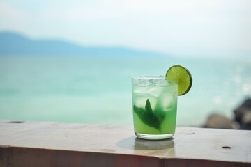 Refreshing cocktail made with lime and mint, served against the serene backdrop of the sea. Generative AI
