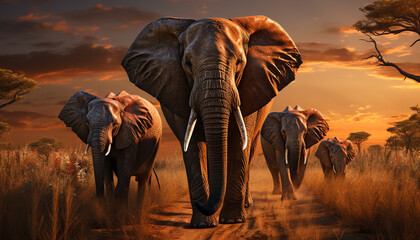 Elephants roam freely in the African savannah generated by AI