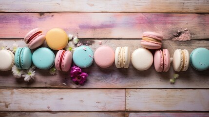 Obraz na płótnie Canvas a row of macaroons sitting on top of a wooden table next to a pink and white flower on a wooden table.