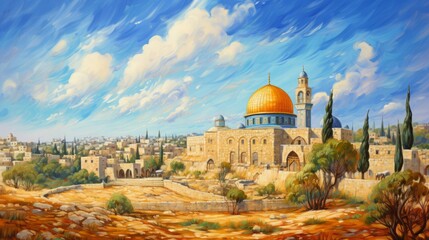 Obraz premium jerusalem masjid al aqsa, in the style of oil painting, peace, 16:9