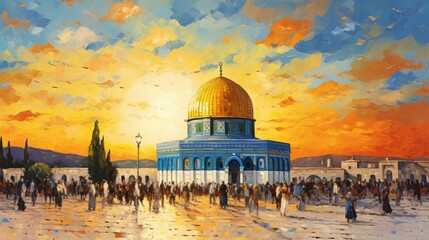 jerusalem masjid al aqsa, in the style of oil painting, peace, 16:9 - obrazy, fototapety, plakaty