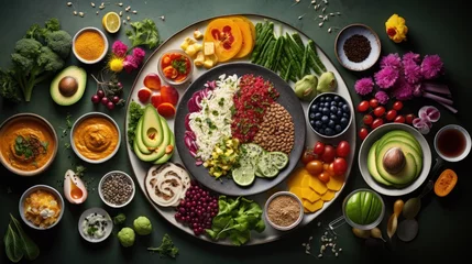 Foto op Plexiglas  a plate of assorted fruits and vegetables on a green surface with a variety of dips and condiments. © Olga