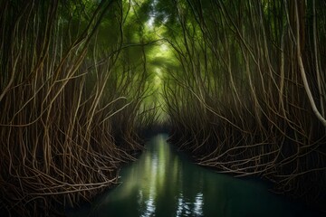 A dense mangrove forest, with its tangled roots providing a vital habitat for marine and bird species