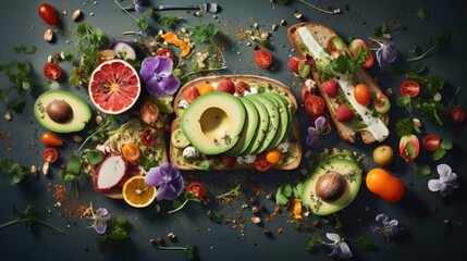 a sandwich with avocado, grapefruit, grapefruit, tomatoes, and other fruits and vegetables.