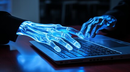 individual working on a laptop, x-ray view of hand skeleton, 16:9