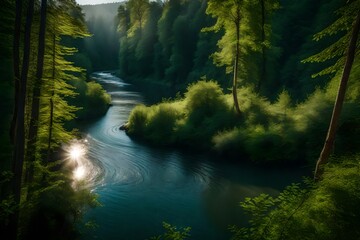 A meandering river through a dense forest, with sunlight streaming through the tree branches to illuminate the water