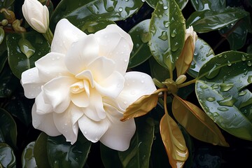 closeup of fresh Gardenia flowers with dew drops in tropical garden. copy space. White Jasmine...