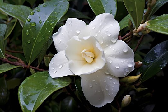 closeup of fresh Gardenia flowers with dew drops in tropical garden. copy space. White Jasmine flower with water drops in forest after rain