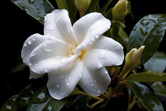 closeup of fresh Gardenia flowers with dew drops in tropical garden. copy space. White Jasmine flower with water drops in forest after rain