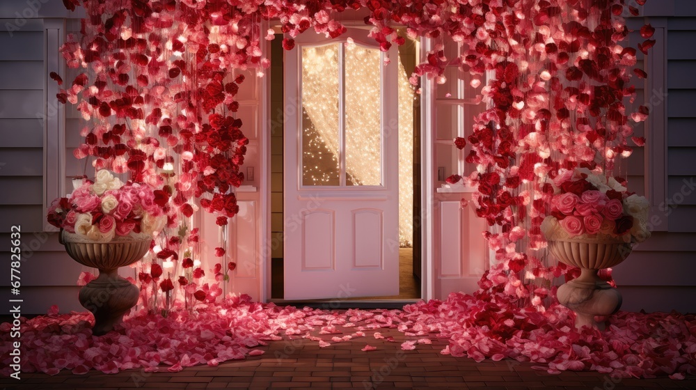 Poster a doorway with a bunch of flowers on the side of it and a bunch of vases in front of it.