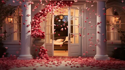  a room that has a bunch of petals on the floor and a door to a room that has a bed in it.