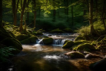 The serene beauty of a woodland stream, where sunlight dances on the water's surface amid the trees