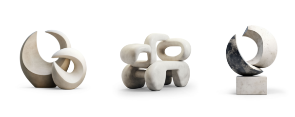 generic modern abstract decor sculpture in deferent chrome cement stone rose gold and glossy materials for home or public park area or decoration concepts isolated on transparent png background