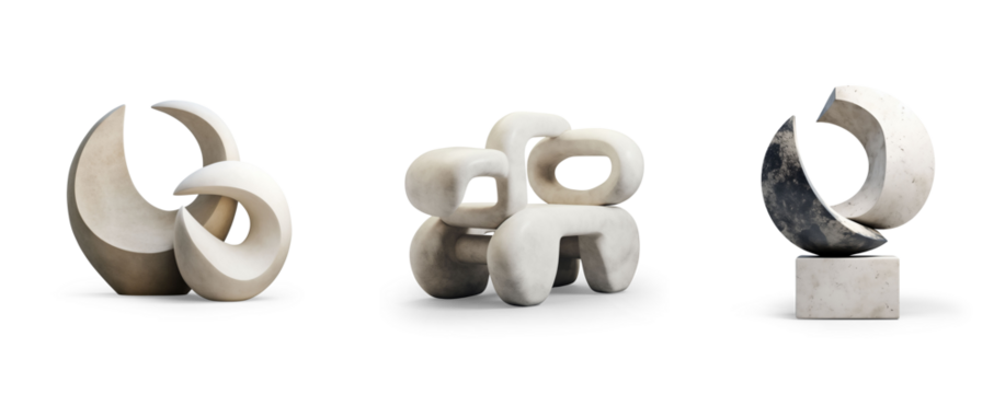 generic modern abstract decor sculpture in deferent chrome cement stone rose gold and glossy materials for home or public park area or decoration concepts isolated on transparent png background - Powered by Adobe