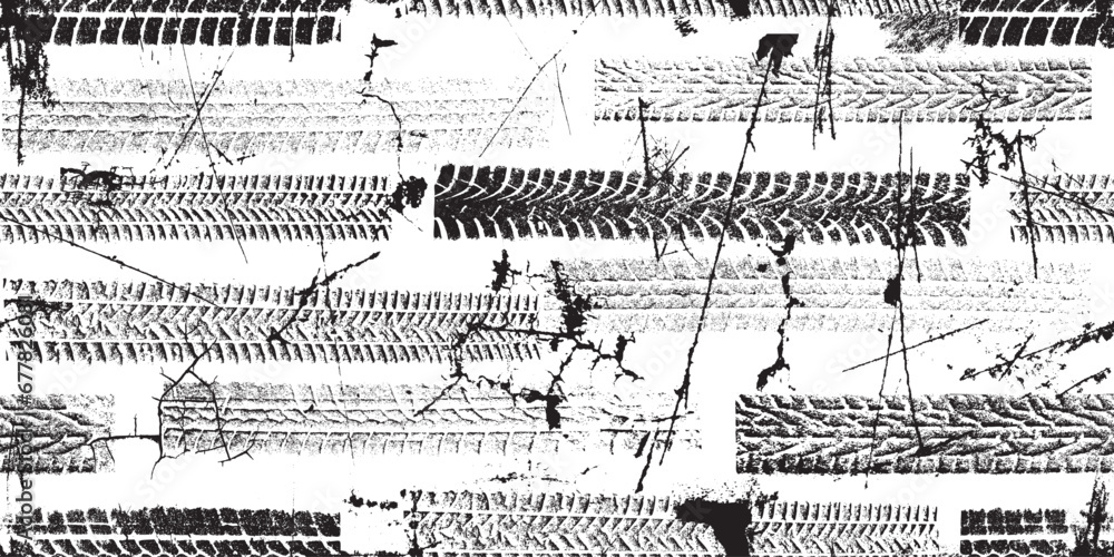 Poster Tire track seamless pattern texture. Grange shapes .Grunge textured . Vector car thread .Screen print endless pattern texture. Tyre track seamless texture.
