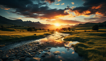 Fototapeta na wymiar Majestic mountain peak reflects tranquil sunset sky generated by AI