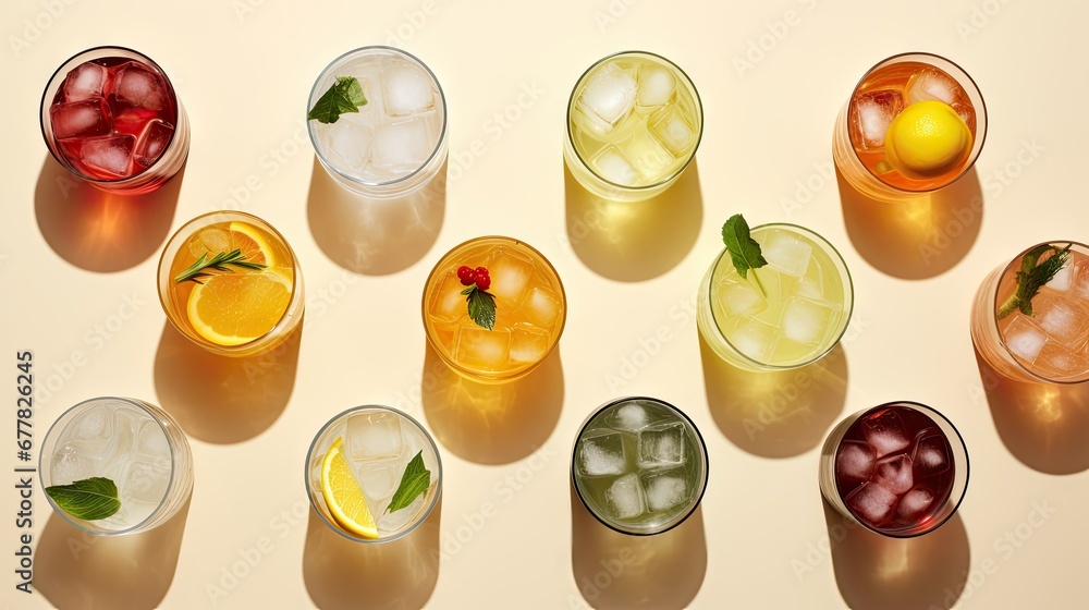 Poster a group of glasses filled with different types of drinks and garnished with mints and lemons on a wh