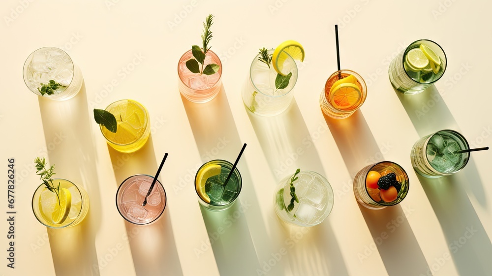 Poster a group of different types of drinks lined up on a white surface with the shadows of the cups on the