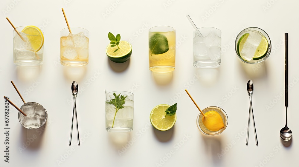 Poster a table topped with glasses filled with different types of drinks and a spoon next to a cup filled w