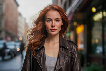 Fototapeta premium A radiant woman with flowing red hair and a leather jacket walks the city streets, her confident gaze and the warm city lights create an inviting urban scene