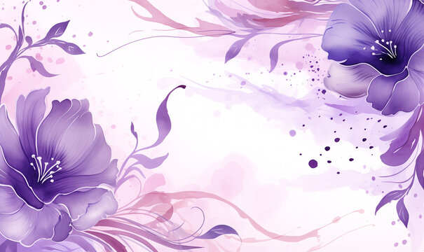 Watercolour transparent illustration, wild blooming floral pattern, delicate violet flowers, greeting card template on white background. Fabric wallpaper print texture. Purple invitation wedding card.